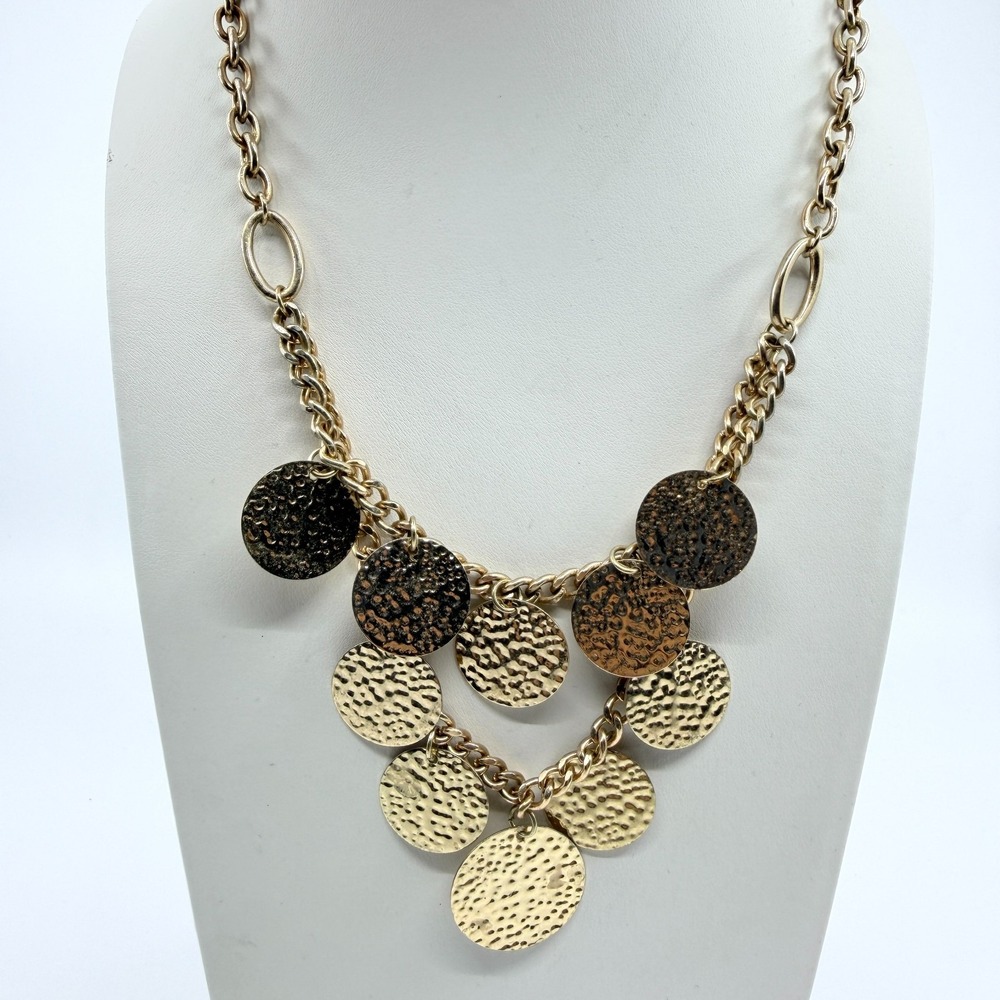 Vintage Boho Gold Tone Hammered Disc Bib Necklace Y2K Statement Chunky Chain